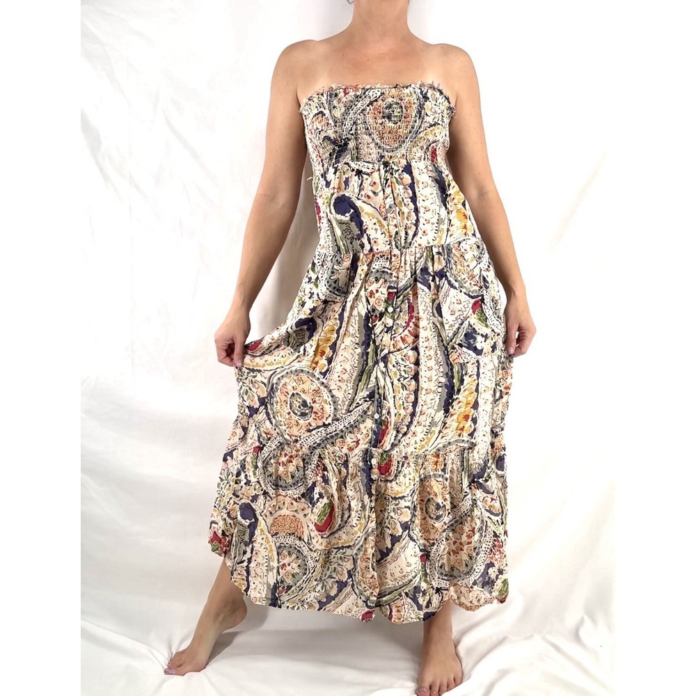 Boho Paisley Midi Dress S Hippie Tiered Cotton Strapless Button Front Pockets